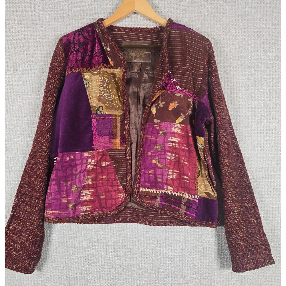 Sharon Anthony Crystal‎ Patchwork Jacket Womens Medium Purple Velvet Art To Wear